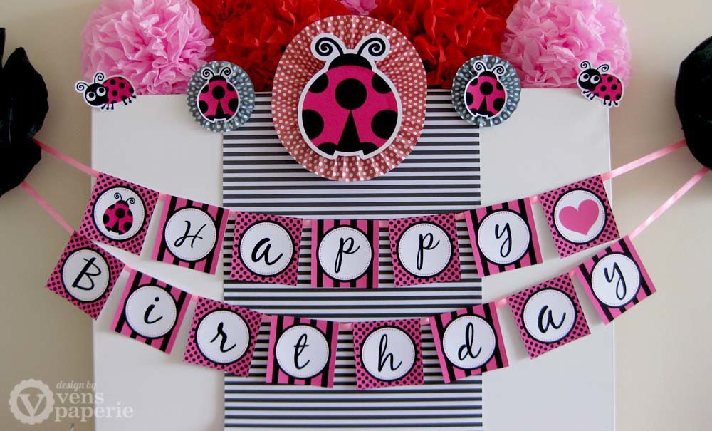 Pink Lady Bug Birthday Party - DIY PRINTABLE Happy Birthday Banner - Instant Download - design by venspaperie - PS815CA2e