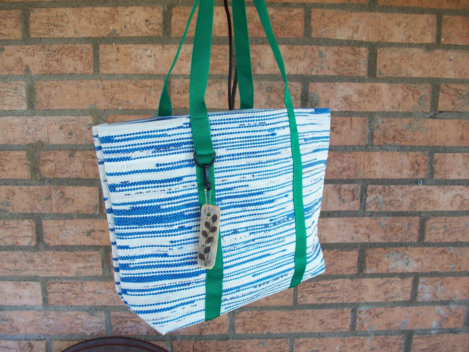 Hand Woven Plarn Tote or Market Bag - White, Blue and Green