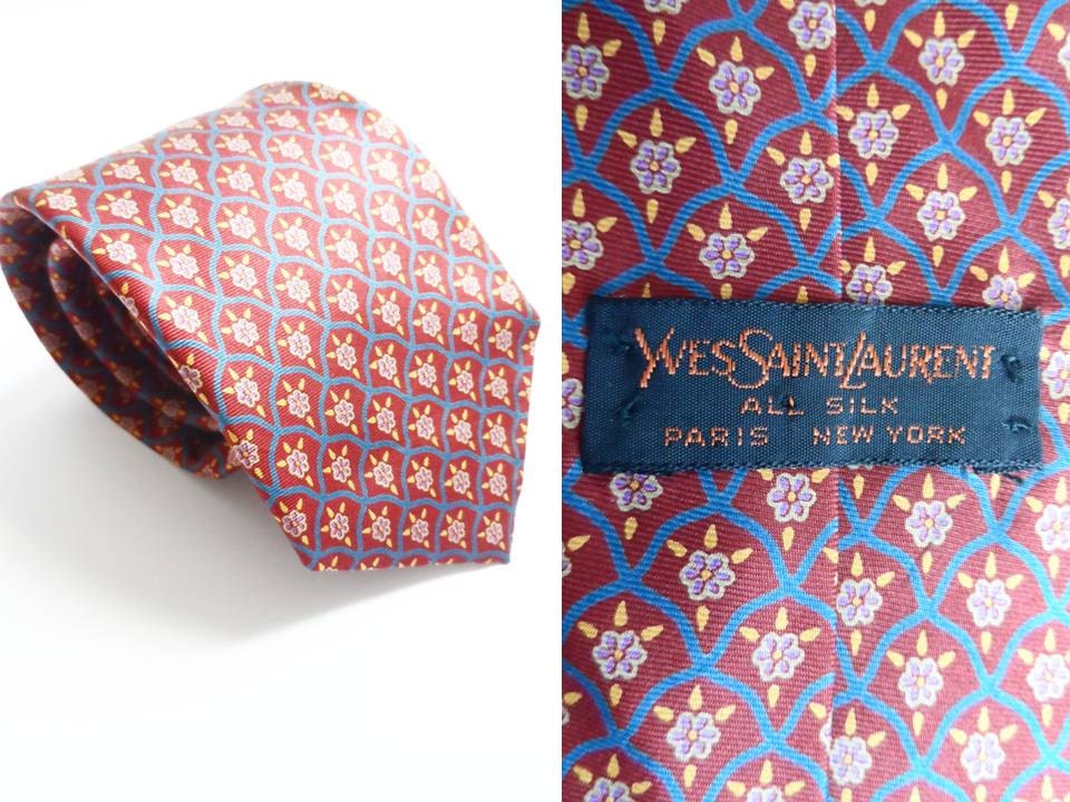 Vintage YSL Silk Tie, Yves Saint Laurent Designer Hipster Necktie Cravat Blue Yellow Red Floral 80s 90s Men's Tie 1980s Father's Day Gift