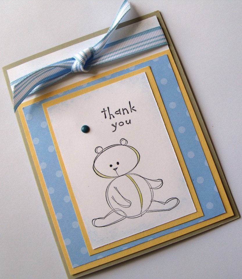 Baby Shower Thank You Card, Handmade, Set of 4, Yellow and Blue with White, 5 1/2" x 4 1/4"