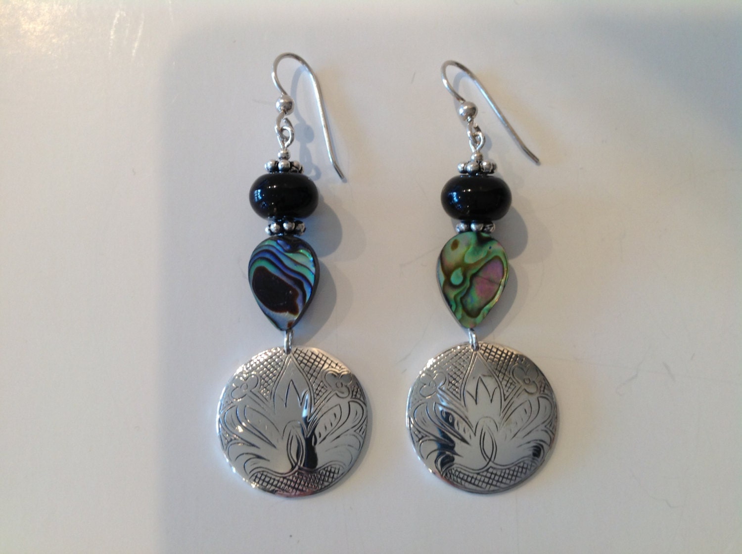 Northwest Coast Native Sterling Silver Floral Design w Black Onyx & Abalone Earrings