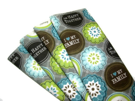 Eco friendly Happy family napkins for kids, 4 reusable, wash cloths, unpaper towels, wipes, 2 ply  housewarming gift gray blue green