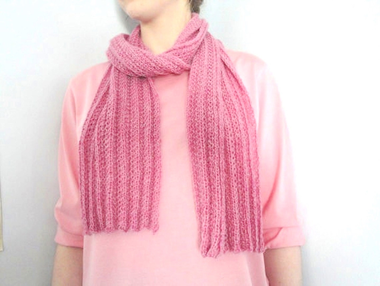 Alpaca Scarf Rose Pink, Summer Fashion Scarf, Womens Luxury Baby Alpaca, Soft Hand Knit Scarf, Cushy German Ribbed Pretty