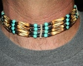Native American Handcrafted Choker made withCarved Burnt Bone and Turquoise