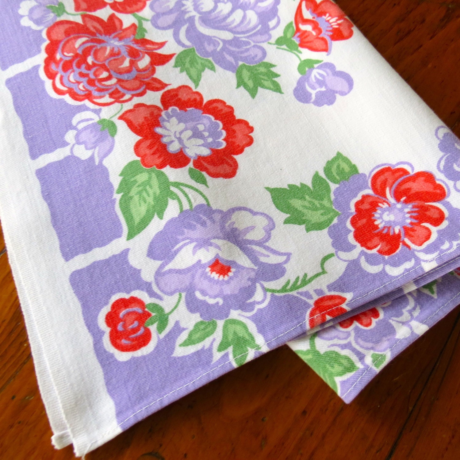 Vintage Linen Dish Towel Red Purple Flowers Floral Kitchen