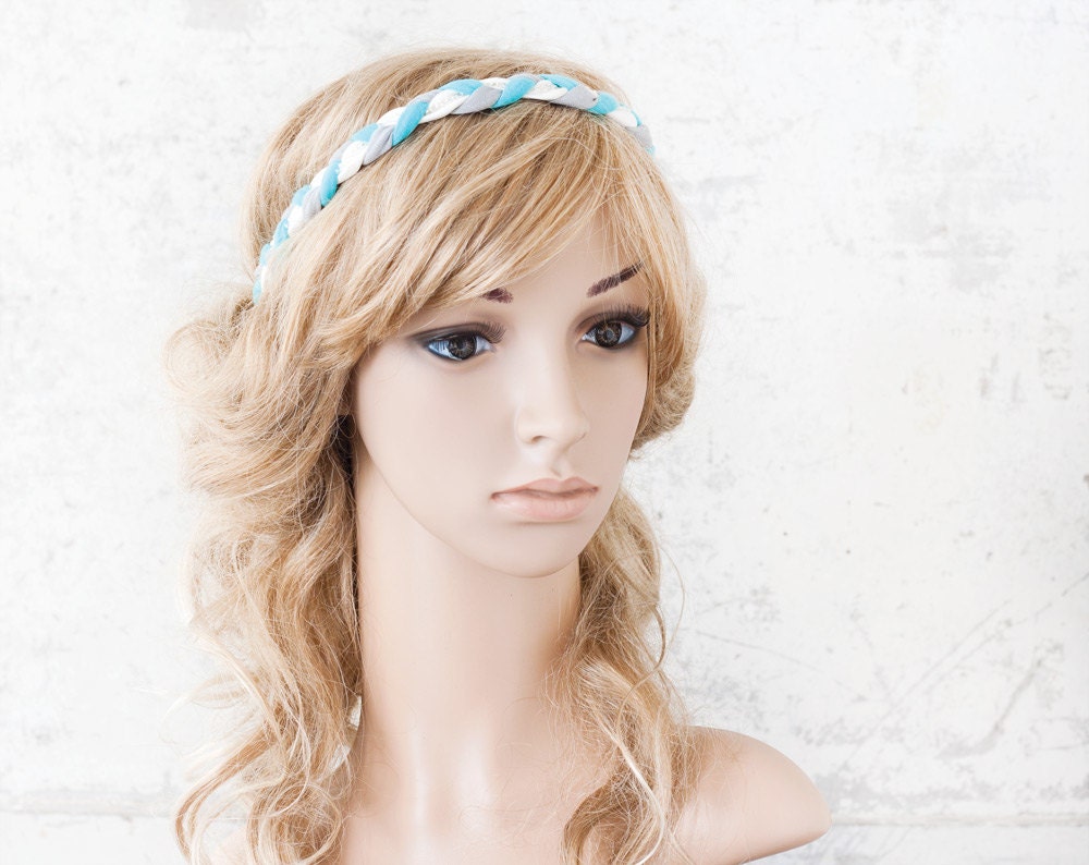 Blue headband, Braided headband, Elastic Headband, Braided hair accessories, Womens Hair Accessories, Gray Head band, Turquoise Headband.