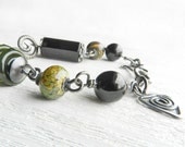 Bohemian bracelet, earthy black onyx bracelet, moss green sterling silver charm bracelet, plus size jewelry, jetteam