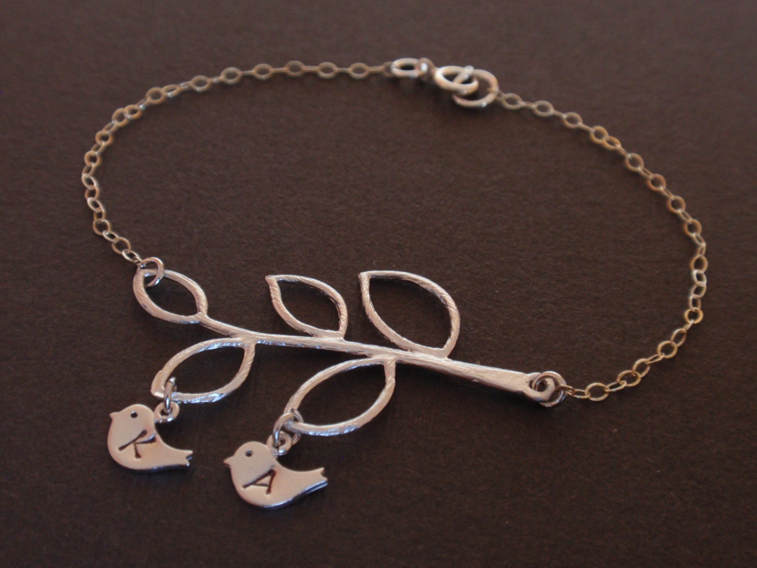 PERSONALIZED INITIAL Leaf Branch and Birds Sterling Silver Bracelet, familly Bracelet, love Bracelet