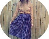 60's navy blue, abstract square design, pleated full maxi skirt, elastic waist. size large