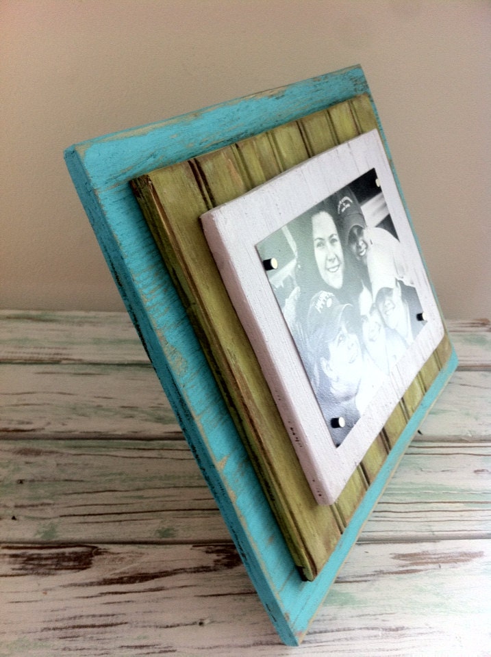 5 x 7 Distressed Handmade Magnetic Picture Frame Shabby Chic, Cottage, Beach House, Home Decor - Bahamas Blue, Lime Green & White 