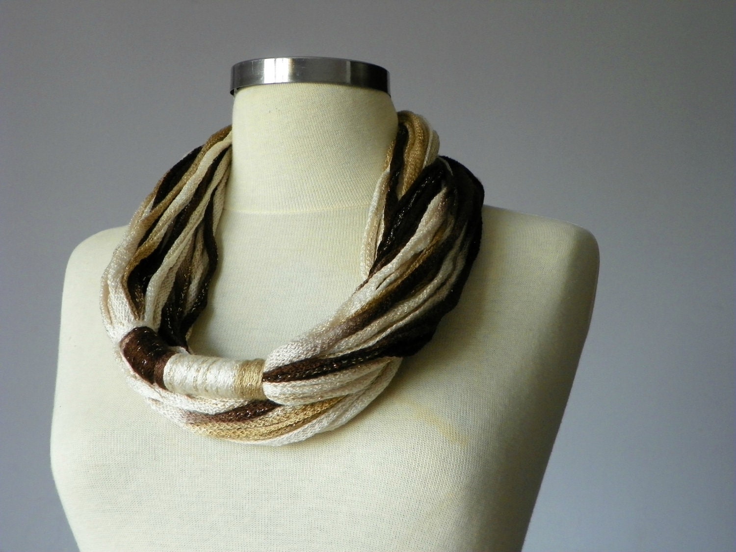 Infinity scarf, necklace, Brown - oatmeal - bronze cotton yarn, spring neckwarmer autumn, women accessories, chunky loop scarf