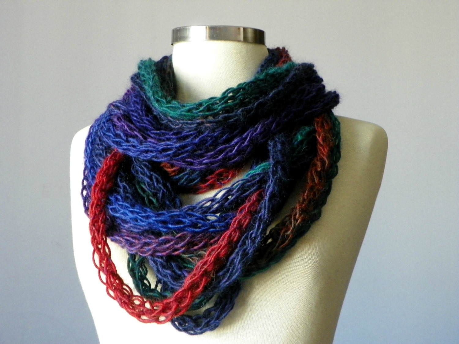 Knitted infinity chain scarf, necklace blue green purple copper red handmade neckwarmer, autumn winter fashion women accessories