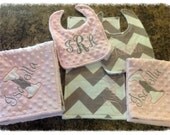 personalized girl gift set- 30"x40" chevron minky blanket, 18"x18" chevron minky lovie, 2 bibs, burp cloth gray pink monogrammed