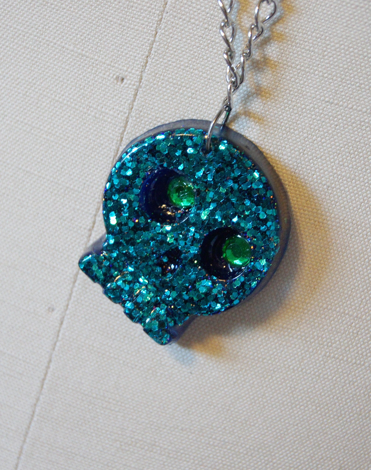 Skelly Statement Necklace, Glitter Teal and Blue.
