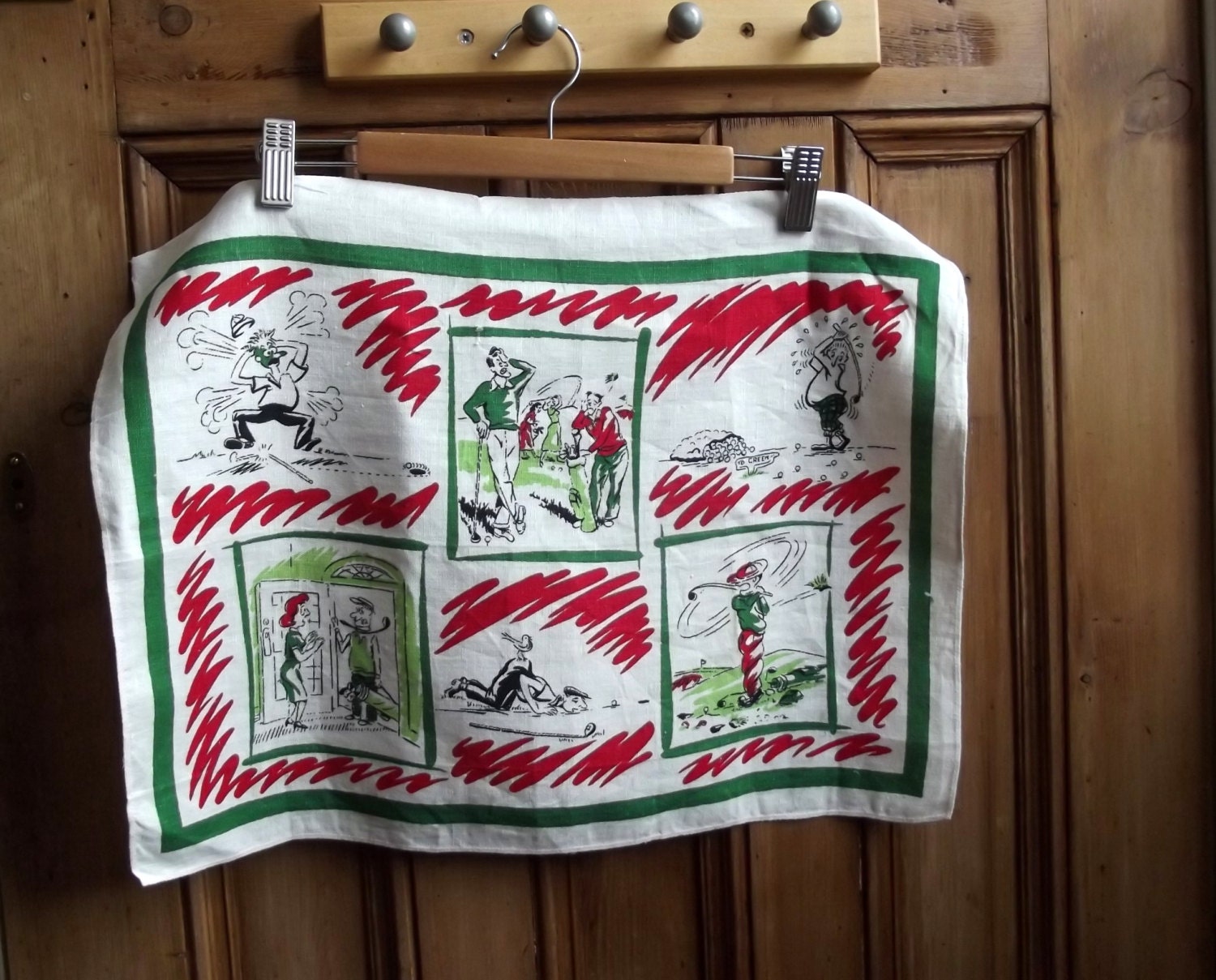 tea towel england golf sport joke comedy  dish cloth  vintage kitchen retro cotton country green red