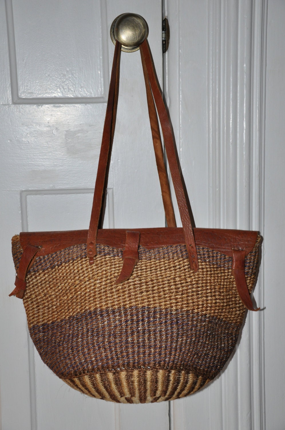 Vintage Jute Straw Tote Bag Boho Market Leather Handles 70's-80's