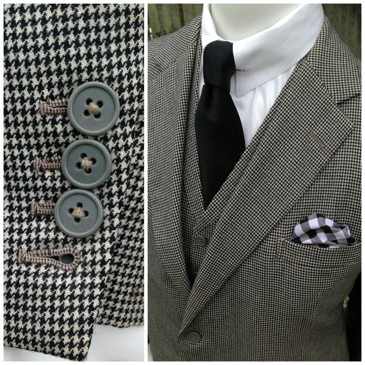 Savile Row bespoke black & white houndstooth 3 piece suit by Strickland and Sons Ltd., handmade in london january 1972