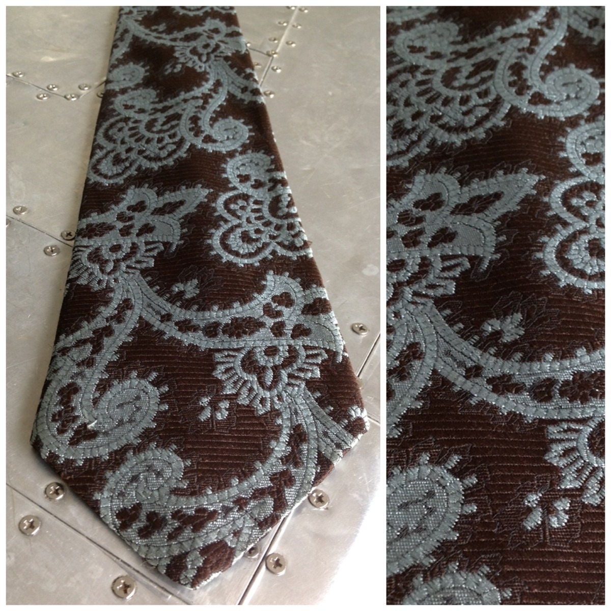 Vintage 70s Mens Paisley Wide Tie  - Disco Era - Brown & Blue - Pasiley Necktie