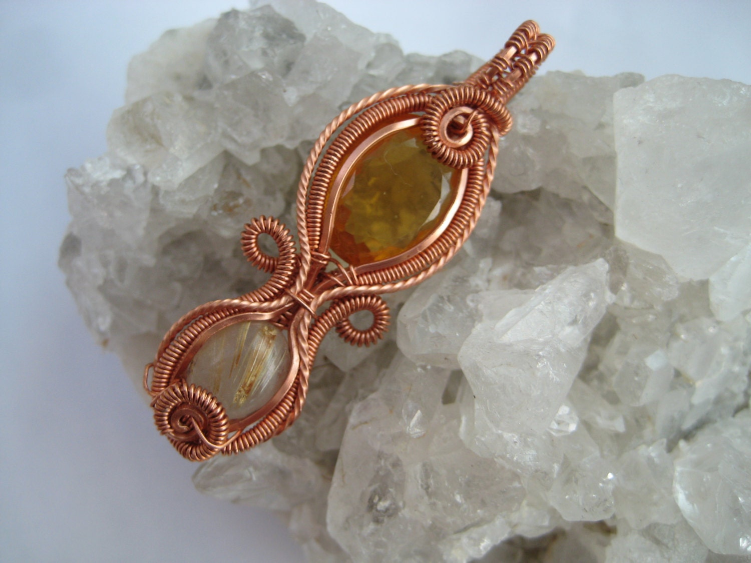 Citrine Wire Wrap Pendant / Copper Jewelry / Rutilated Quartz Necklace / Crystal Jewelry / Homemade / Natural Stones / Art Jewelry