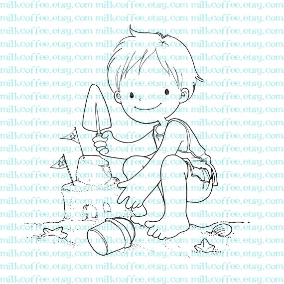 Digital Stamp Boy Plays with Sand Castle