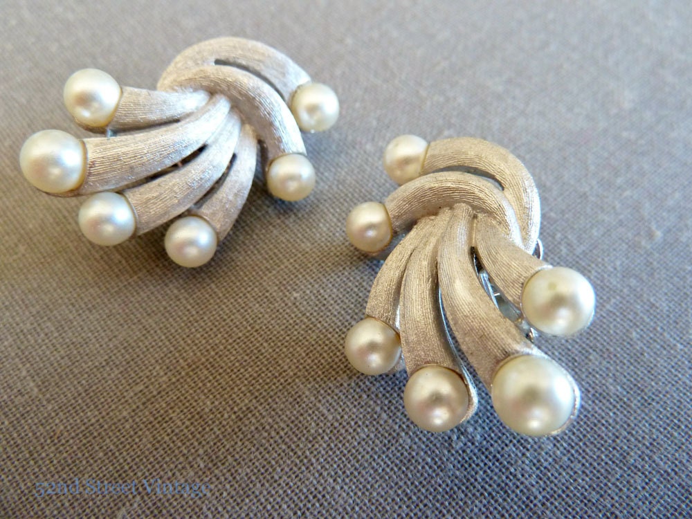 Vintage Trifari Pearl Bridal Earrings SIlver and White Designer signed 1960s Jewelry