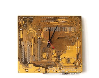 ON SALE Geeky wall clock - Recycled Computer  - Yellow circuit board - geekery - c7963 - Father's day gift