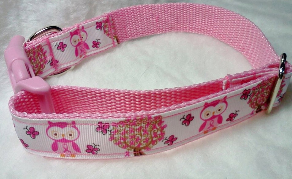 Breast Cancer Awareness Dog Collar: Adjustable Pink Ribbon Owl Tree Collar 1 Inch Cancer Collar - Breast Cancer Awareness