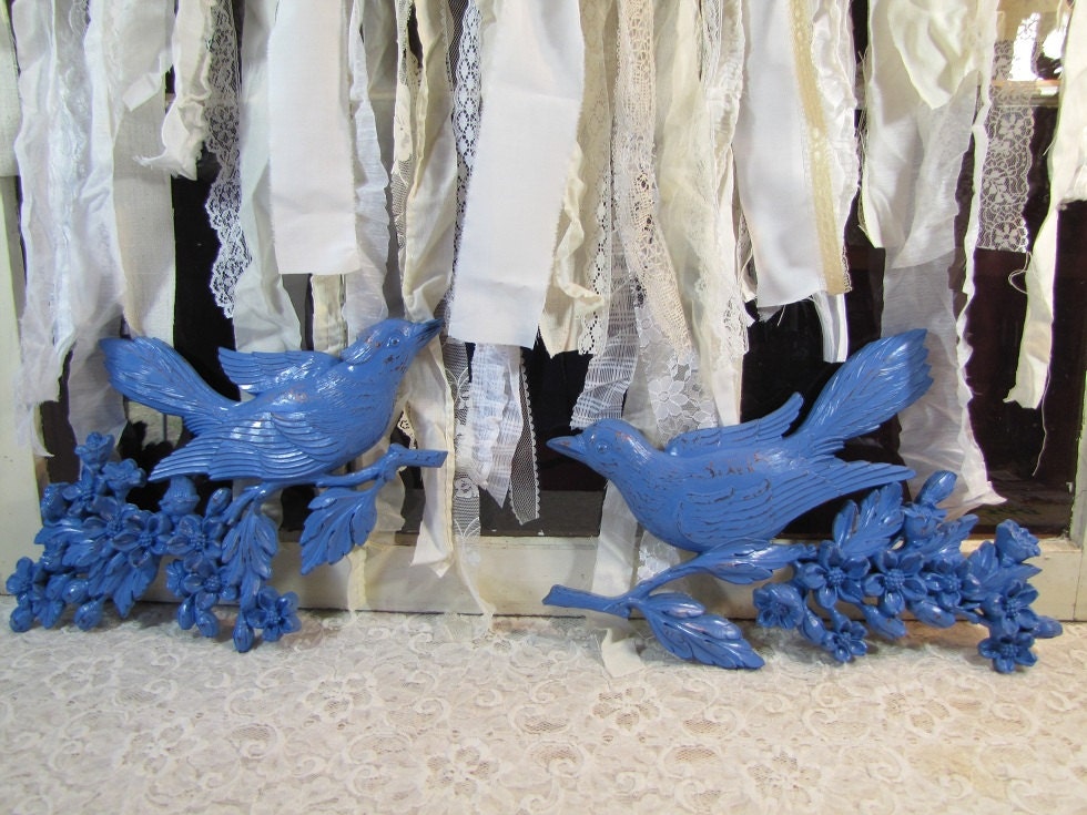 Vintage Syroco Bird n Dogwood Wall Plaques Blue