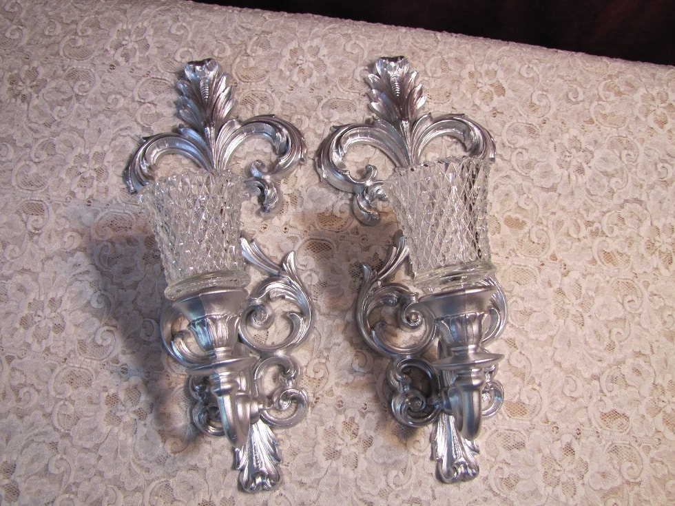 Vintage Burwood Silver Candle Sconces with Glass Globes Hollywood Regency Parisian Chic