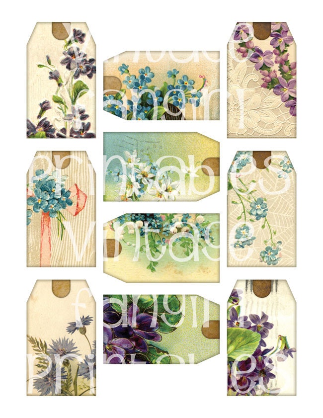 Vintage Blue Flowers 10 Hang Tags - Digital Printable Download