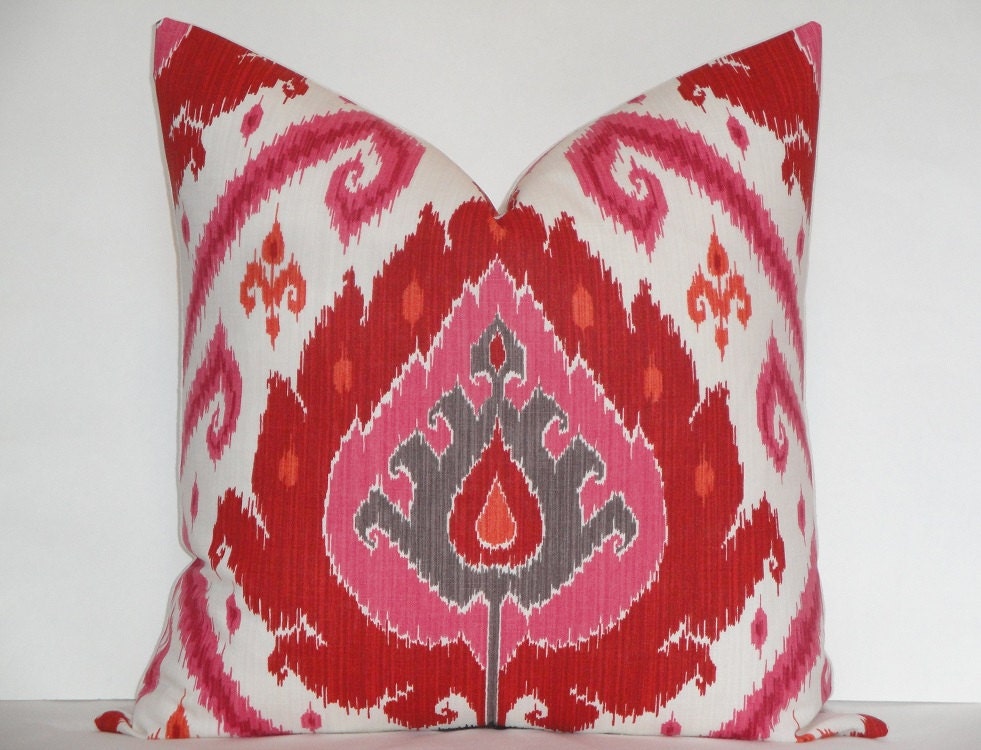 20 x 20 or 18 x 18 - IKAT- Decorative Pillow Cover - Pink - Red - Orange - Custom Pillow Cover