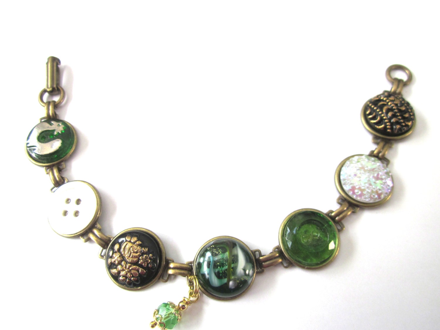 Antique button bracelet, glass and mother of pearl shell buttons, glass rooster button
