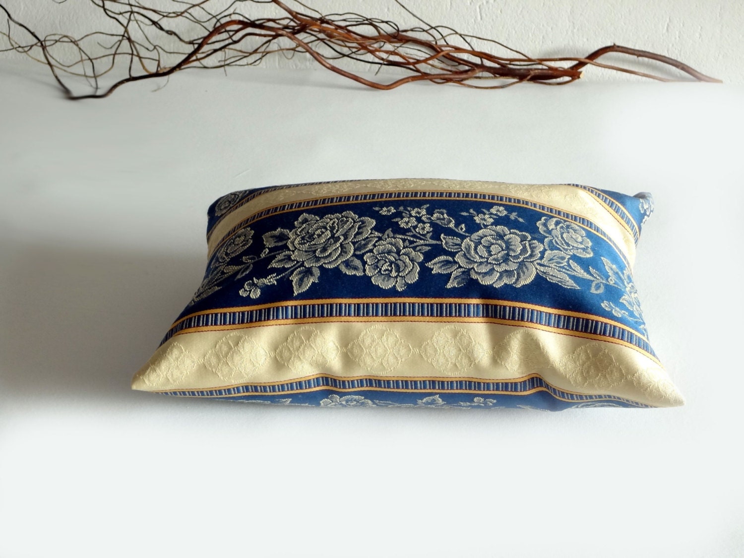 Cushion cover blue & beige with button - OOAK - decorative pillow- classic design with roses
