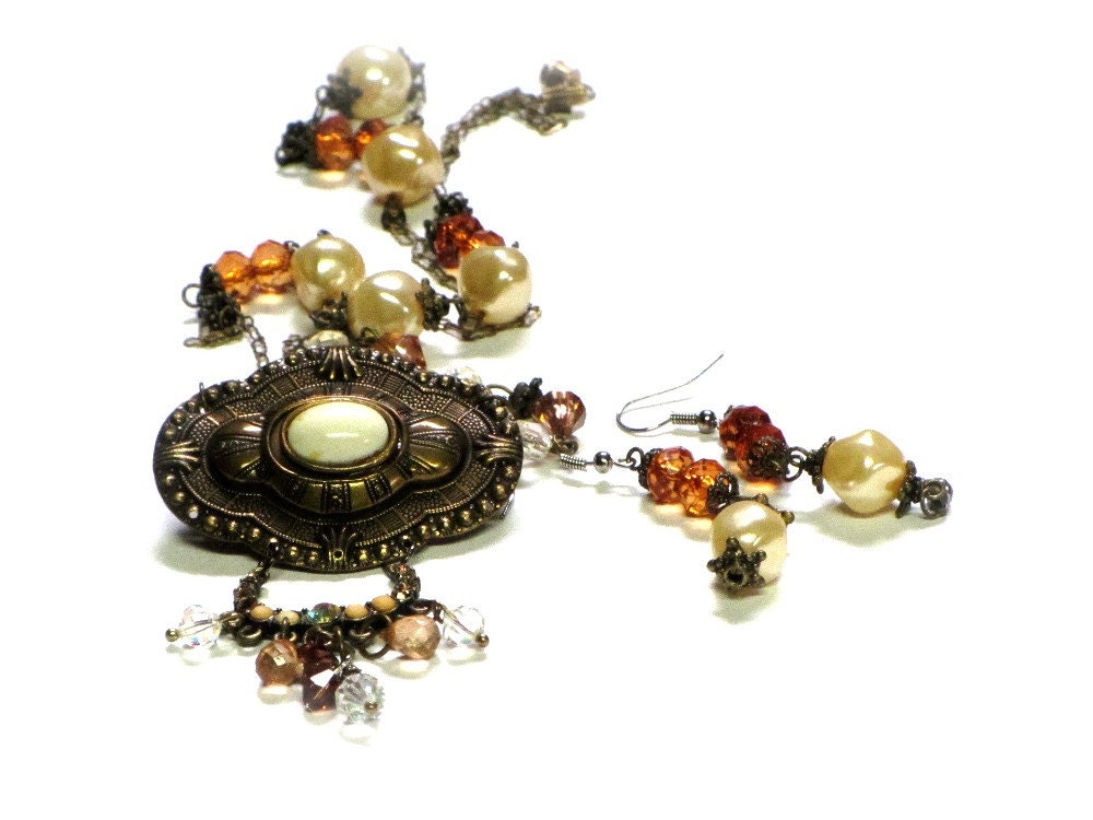 Victorian Style Medallion Necklace, Baroque Pearls, Pendant, Upcycled, Vintage Crystals, Amber Earrings
