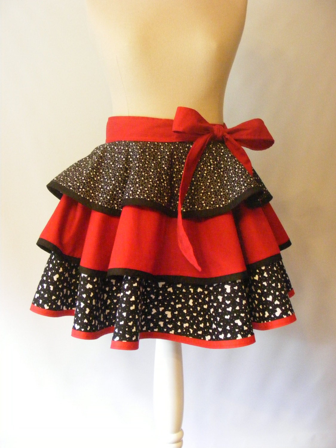 Half Apron Red Black White Heart Three Ruffles