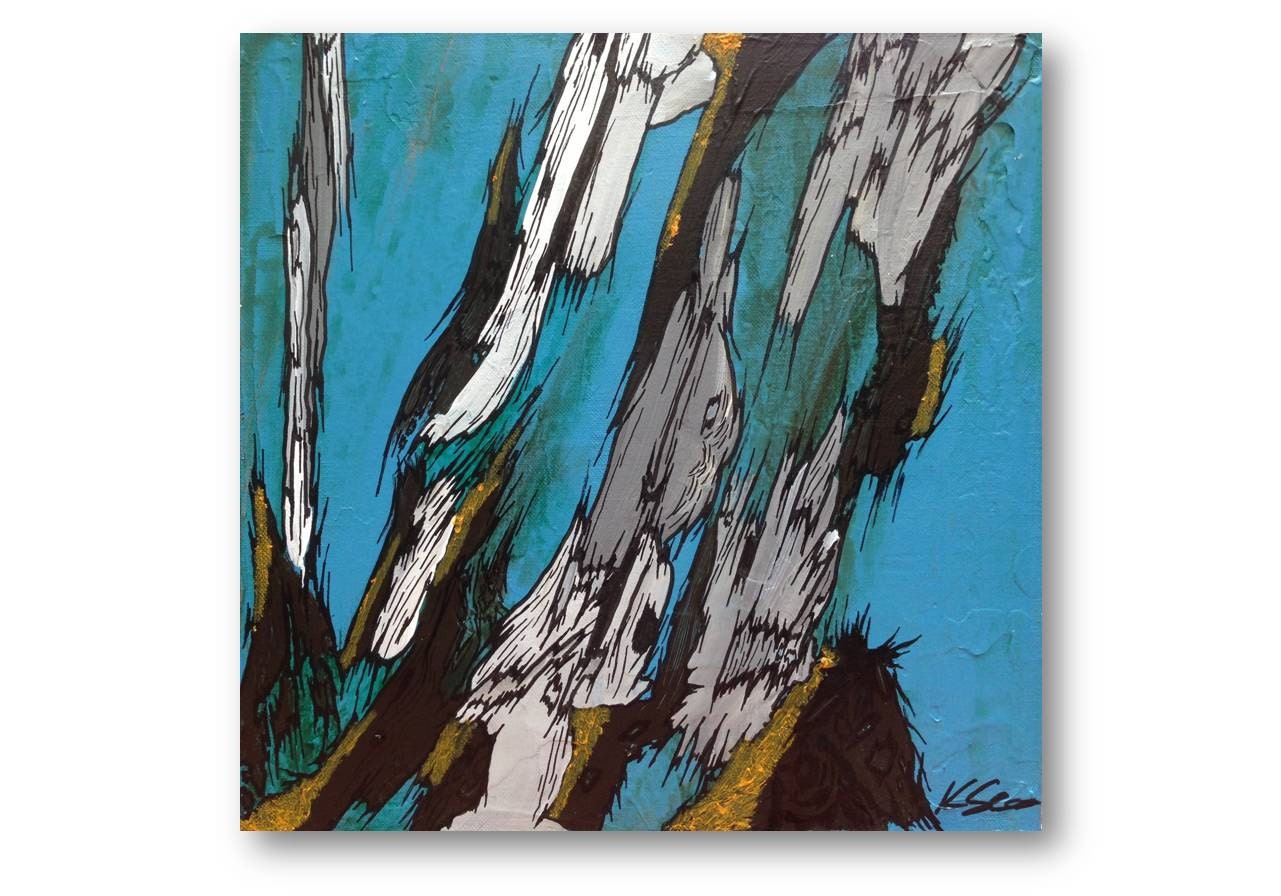 ORIGINAL Painting of Trees - Tree Art 12x12 Available in SET - glossy home accent piece Blue turquoise teal gray green white Office art