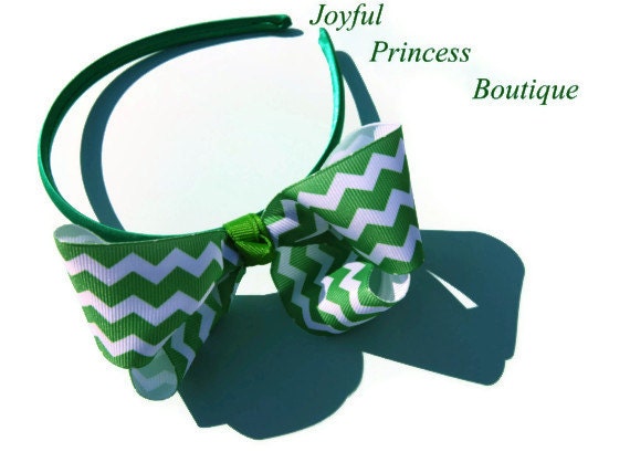 SALE Lucky Chevron Emerald Green Satin Covered Bow Headband with Knotted Center