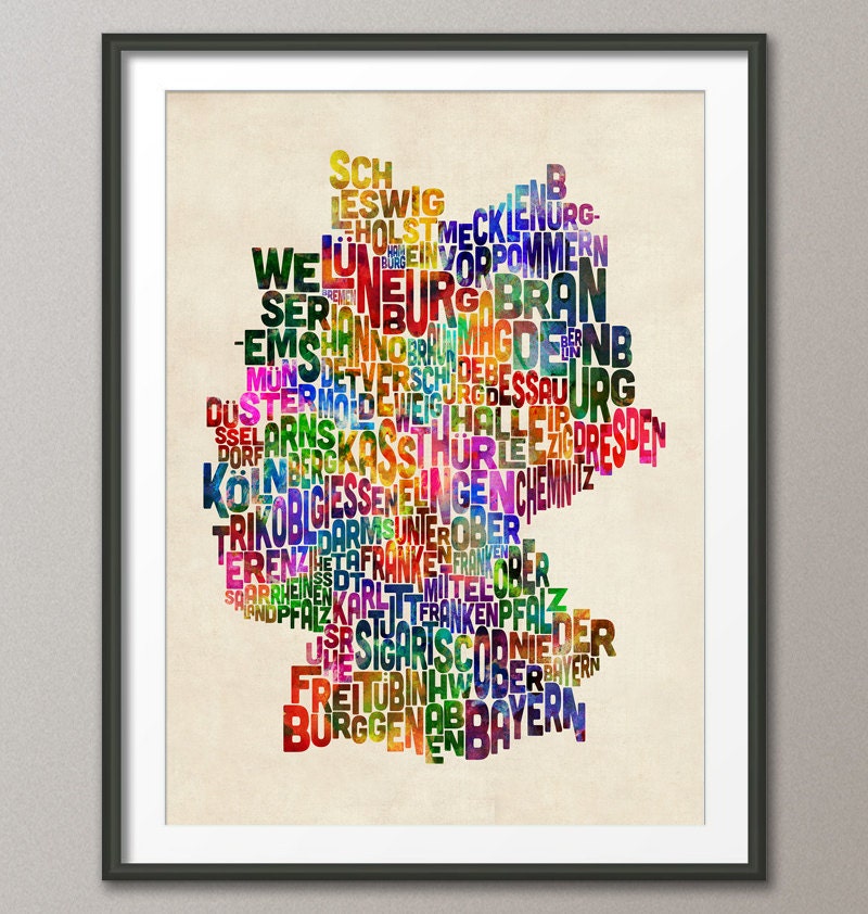 Typography Text Map of Germany Map, Art Print 18x24 inch (276)