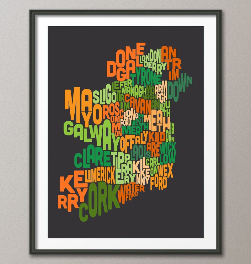Ireland Eire County Text map, Art Print 18x24 inch (274)