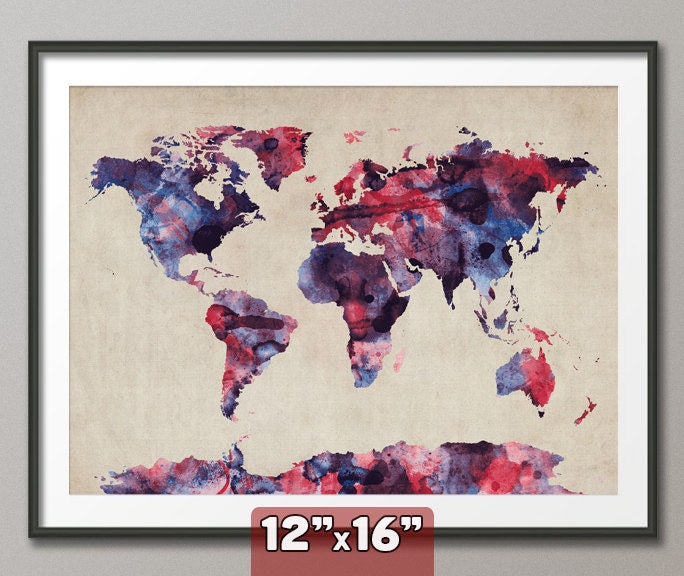 Watercolor Map of the World Map, Art Print, 12x16 inch (103)