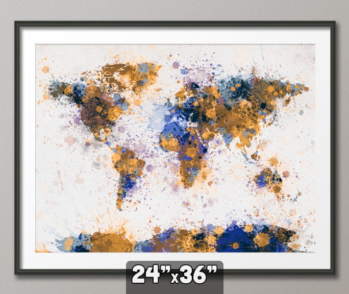 Paint Splashes Map of the World Map, Art Print 24x36 inch (154)