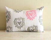 Heart Valentine Linen Pillow Cover Decorative Gray Hot Pink Cushion Throw 12x16 Hand-Printed Stamped Holiday