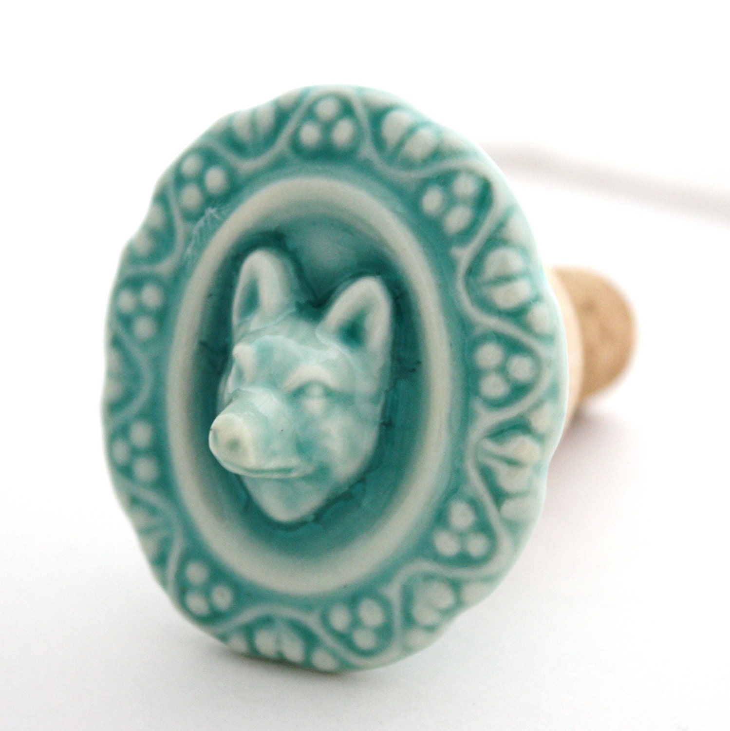 Wine Stopper- Fox Head robins egg blue porcelain knob / drawer pull and new cork.  A unique host or hostess gift.