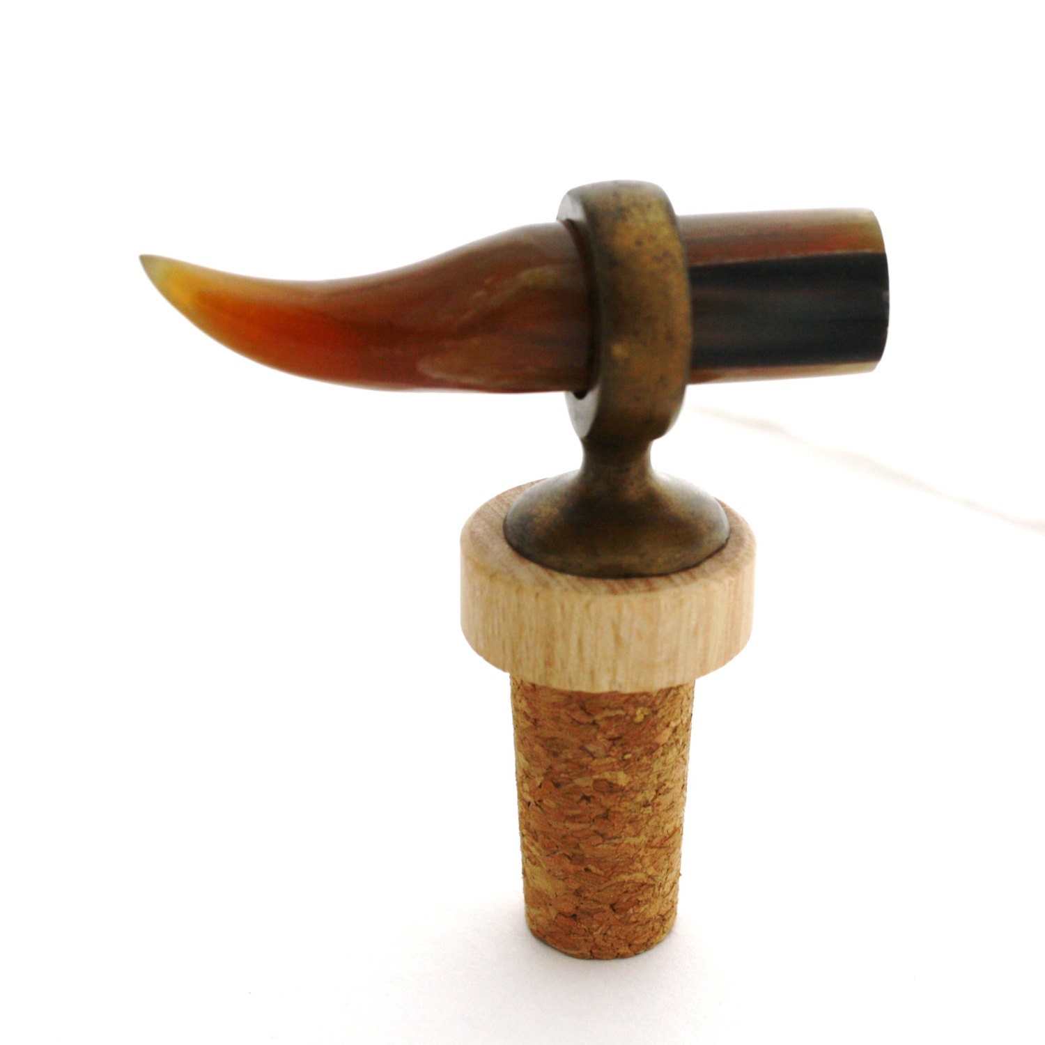 Tusk Wine Stopper- Brown horn in brass ring and natural cork.  A unique host or hostess gift. Special Edition.