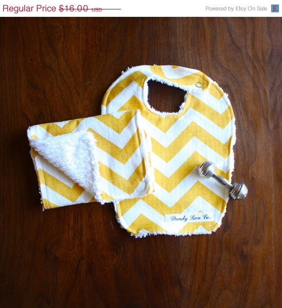 ON SALE Mustard Yellow Chevron Bib and Burp Set // Baby // Baby Shower Gift Set