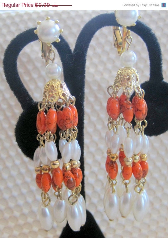 Vintage Faux Pearl Coral Bead Dangle Signed Earrings