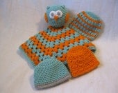 RTS Handmade Crochet Gift Set Teal Orange Newborn 0-3 3-6 month Baby Beanie with matching Owl Security Blanket, Photo Prop Accessory Lovey