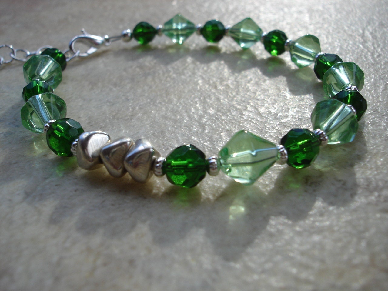 Emerald Czech Glass and Light Green Glass Bracelet