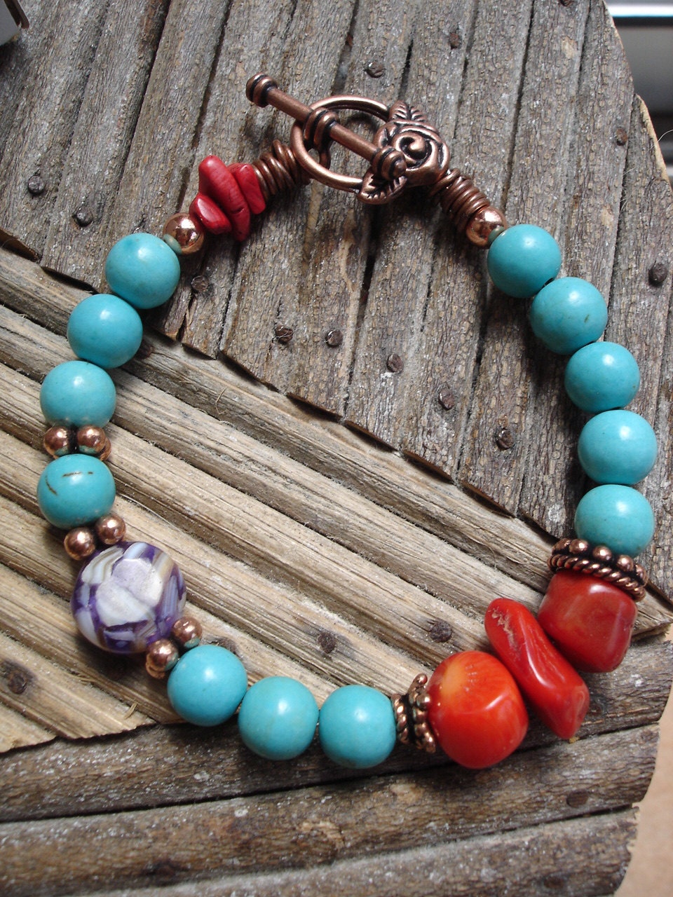 OOAK Turquoise Coral Copper Bohemian, Southwest, Tribal Bracelet