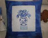 Embroidered Delft Tulips in Vase Pillow with Free Motion Quilting